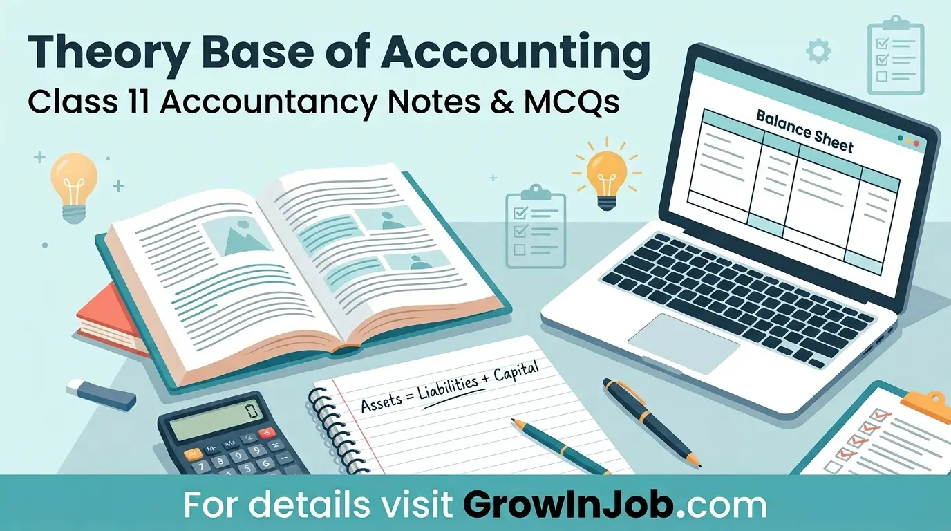 Theory Base of Accounting Class 11 notes with study desk, accounting equation Assets = Liabilities + Capital, laptop and CTA For details visit GrowInJob.com