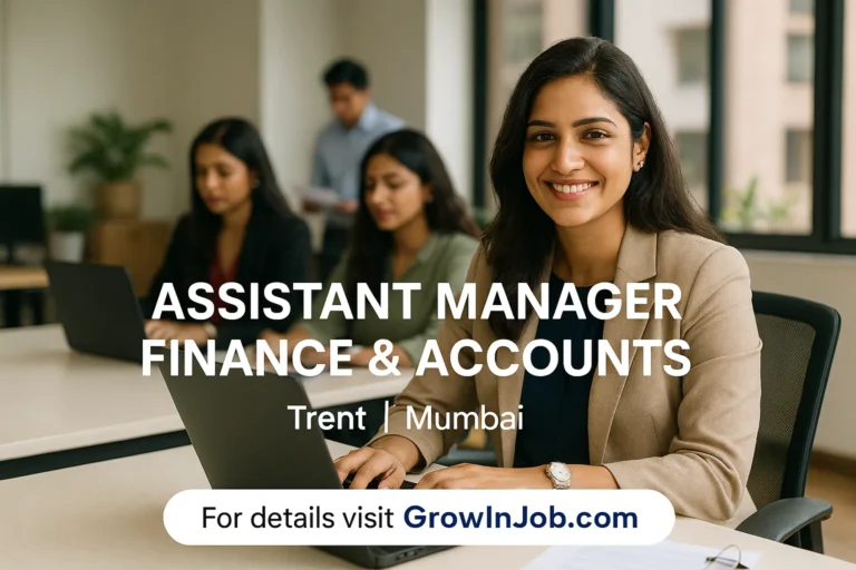 Professional corporate office scene showing a finance and accounts professional working in a modern Indian workplace for an Assistant Manager Finance and Accounts role at Trent, Mumbai