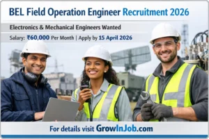 BEL Field Operation Engineer Recruitment 2026 image showing diverse electronics and mechanical engineers with salary ₹60000 and apply deadline 15 April 2026