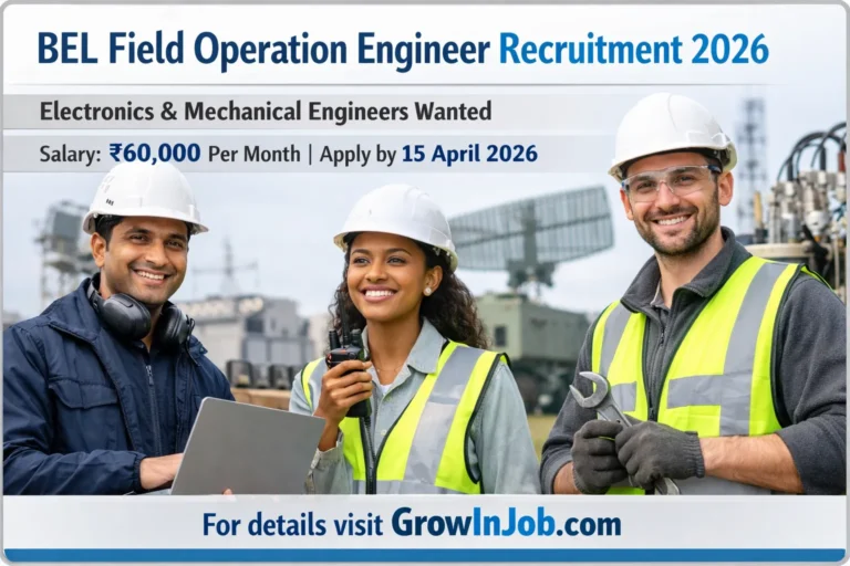 BEL Field Operation Engineer Recruitment 2026 image showing diverse electronics and mechanical engineers with salary ₹60000 and apply deadline 15 April 2026