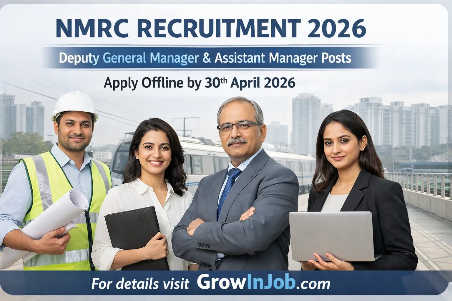 NMRC Recruitment 2026 notification for Deputy General Manager and Assistant Manager posts with Indian professionals and metro train background