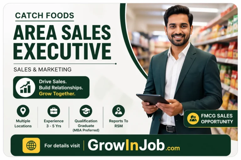Area Sales Executive Catch Foods job featured image showing FMCG sales professional with GrowInJob.com CTA