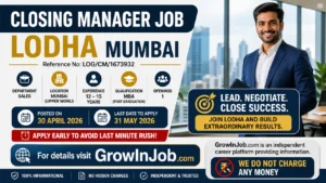 Closing Manager Job Lodha Mumbai 2026 at Lodha Developers Ltd with MBA requirement and 12-15 years experience featured on GrowInJob.com