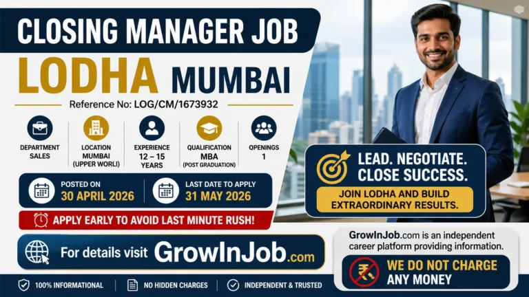 Closing Manager Job Lodha Mumbai 2026 at Lodha Developers Ltd with MBA requirement and 12-15 years experience featured on GrowInJob.com