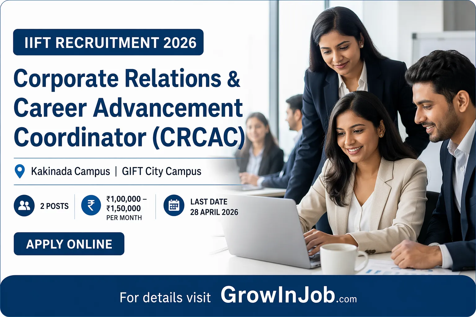 IIFT Corporate Relations and Career Advancement Coordinator Recruitment 2026 featured image showing Indian professionals collaborating in corporate environment