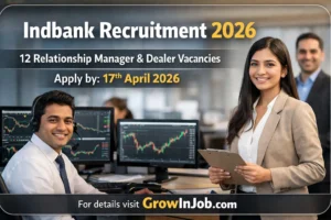 Indbank Recruitment 2026 featured image showing finance professionals in stock trading office for 12 Relationship Manager and Dealer vacancies apply before 17 April 2026