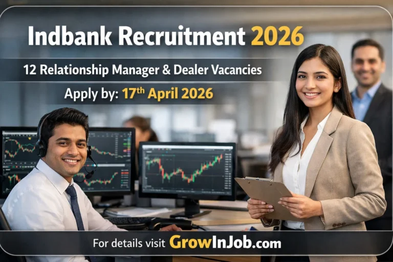 Indbank Recruitment 2026 featured image showing finance professionals in stock trading office for 12 Relationship Manager and Dealer vacancies apply before 17 April 2026