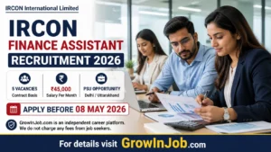 IRCON Finance Assistant Recruitment 2026 featured image showing Indian finance professionals with ₹45000 salary 5 vacancies and apply before 08 May 2026