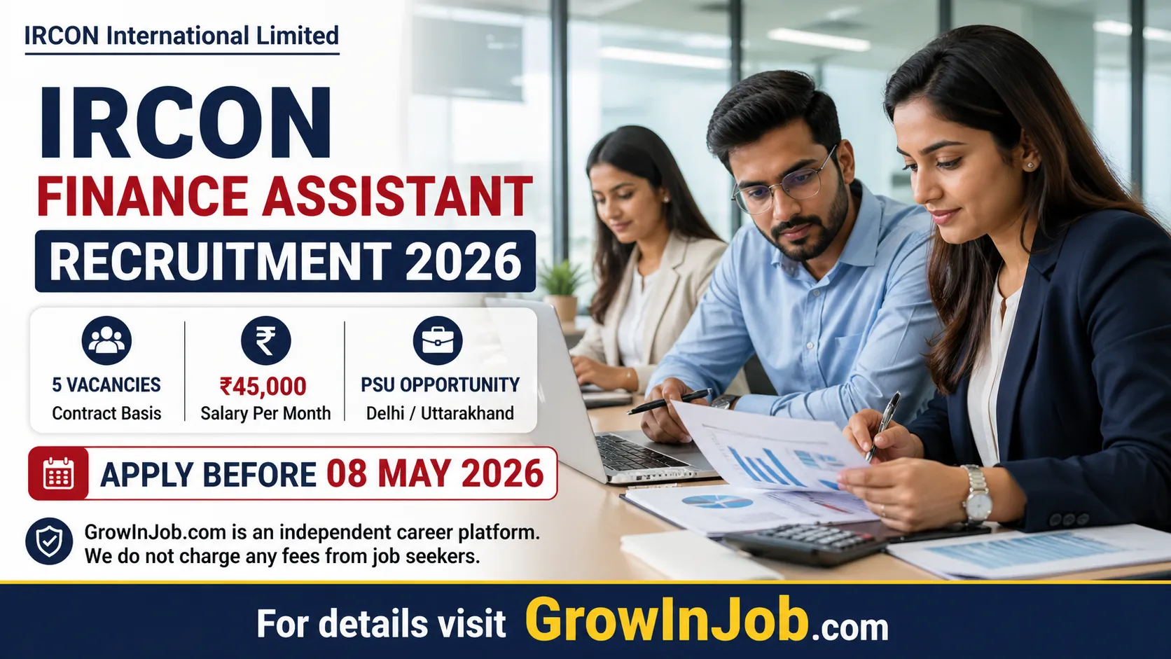 IRCON Finance Assistant Recruitment 2026 featured image showing Indian finance professionals with ₹45000 salary 5 vacancies and apply before 08 May 2026