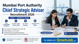 Mumbai Port Authority Chief Strategic Advisor Recruitment 2026 featured image showing Indian professionals discussing maritime strategy with salary and last date details.