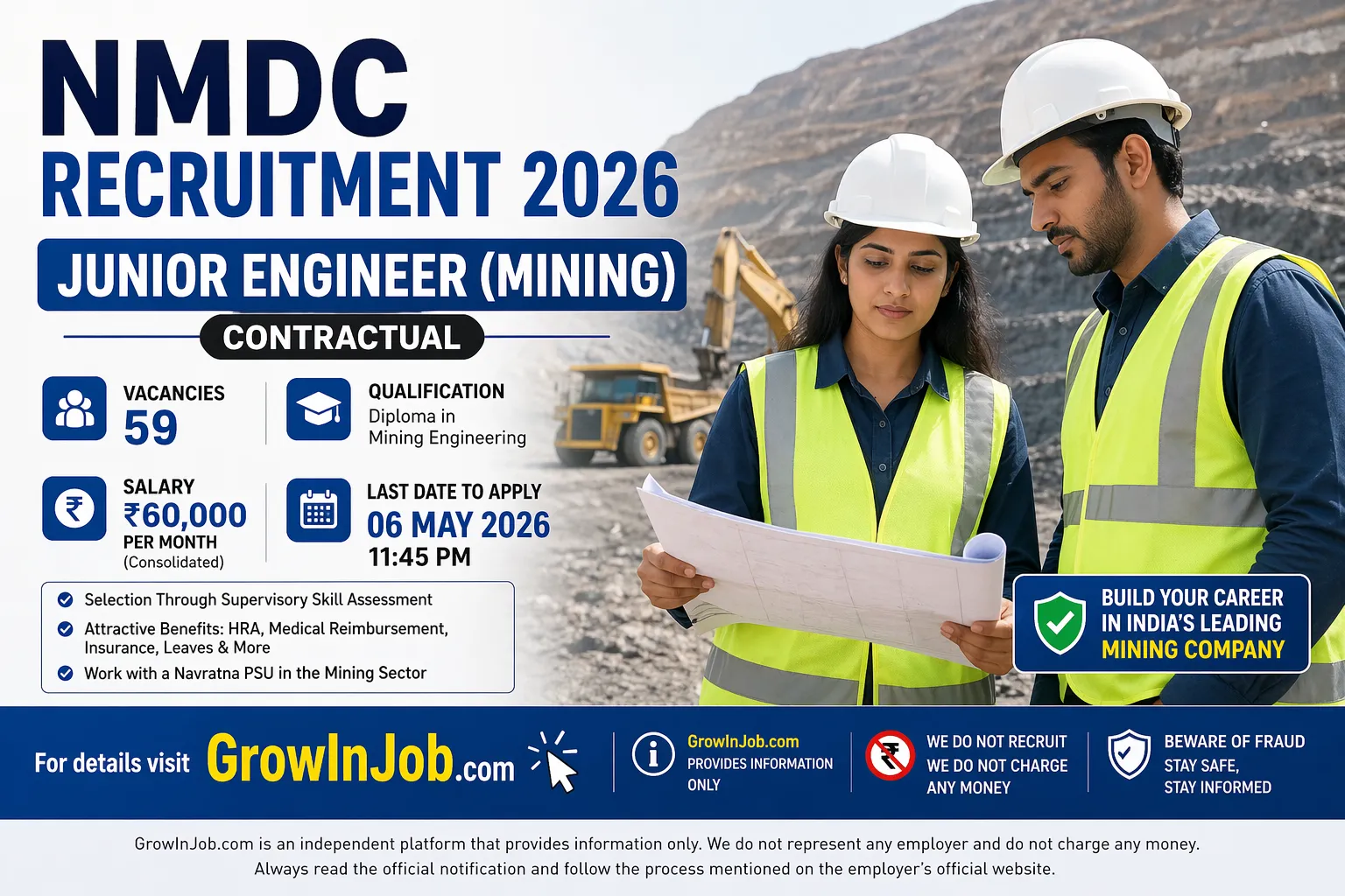NMDC Recruitment 2026 featured image for Junior Engineer Mining contractual vacancy with 59 posts and ₹60000 salary