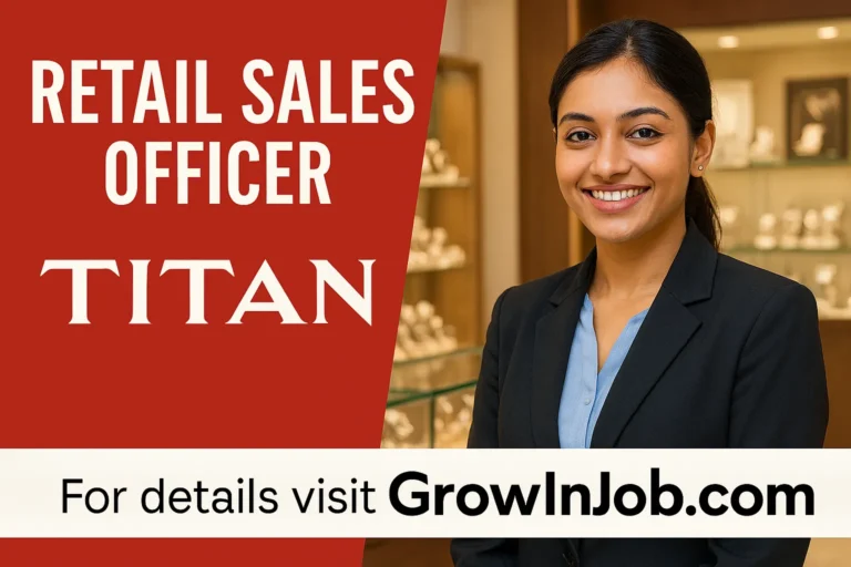 Retail Sales Officer job opening at Titan India with professional retail store background and GrowInJob.com call to action