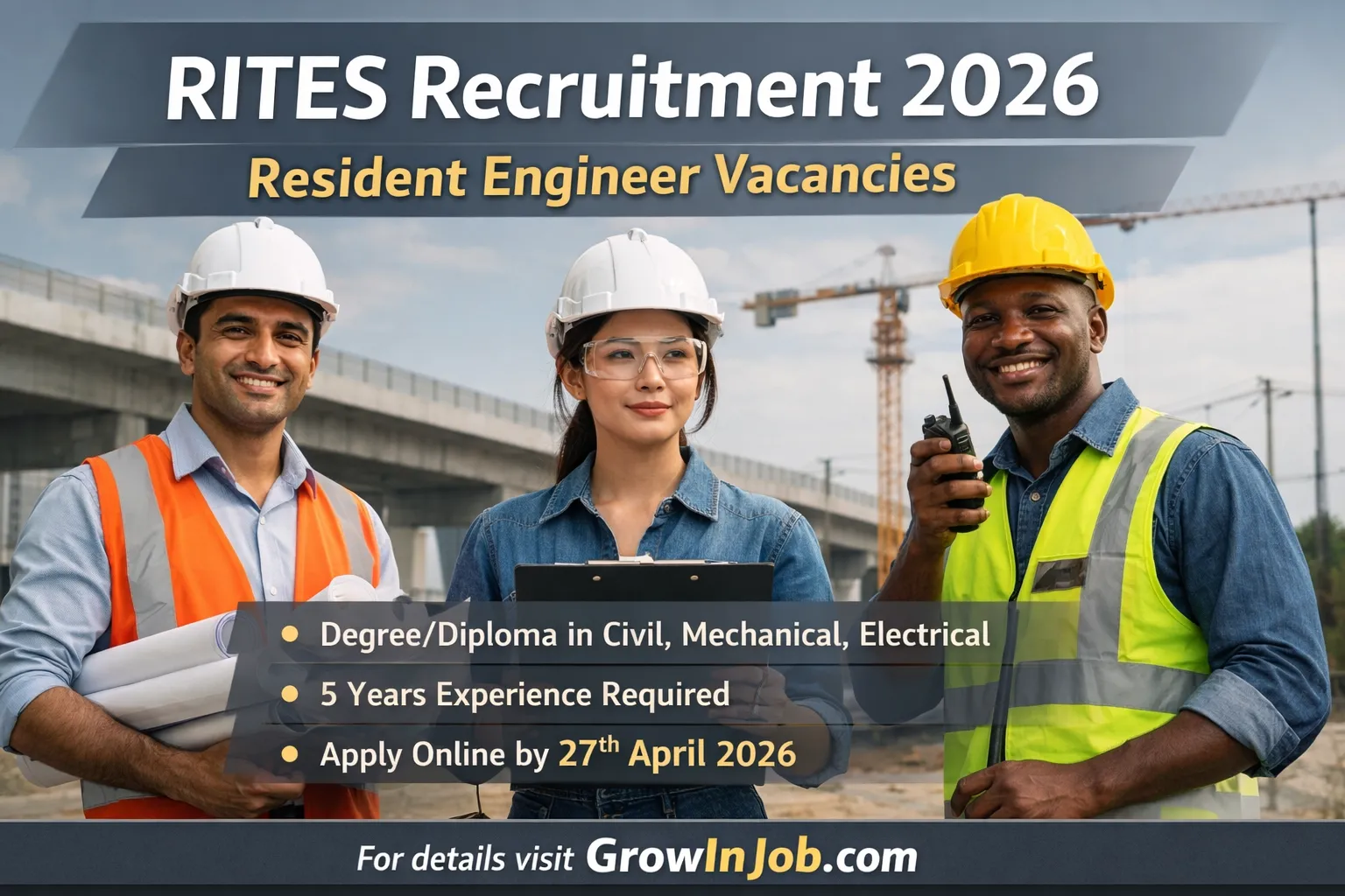 RITES Recruitment 2026 Resident Engineer vacancy engineers working at infrastructure construction site apply online before 27 April 2026