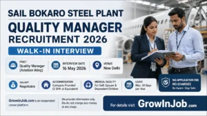 SAIL Bokaro Steel Plant Quality Manager Recruitment 2026 featured image showing Indian aviation professionals in an aircraft maintenance environment with walk-in interview details.