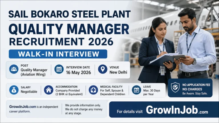 SAIL Bokaro Steel Plant Quality Manager Recruitment 2026 featured image showing Indian aviation professionals in an aircraft maintenance environment with walk-in interview details.