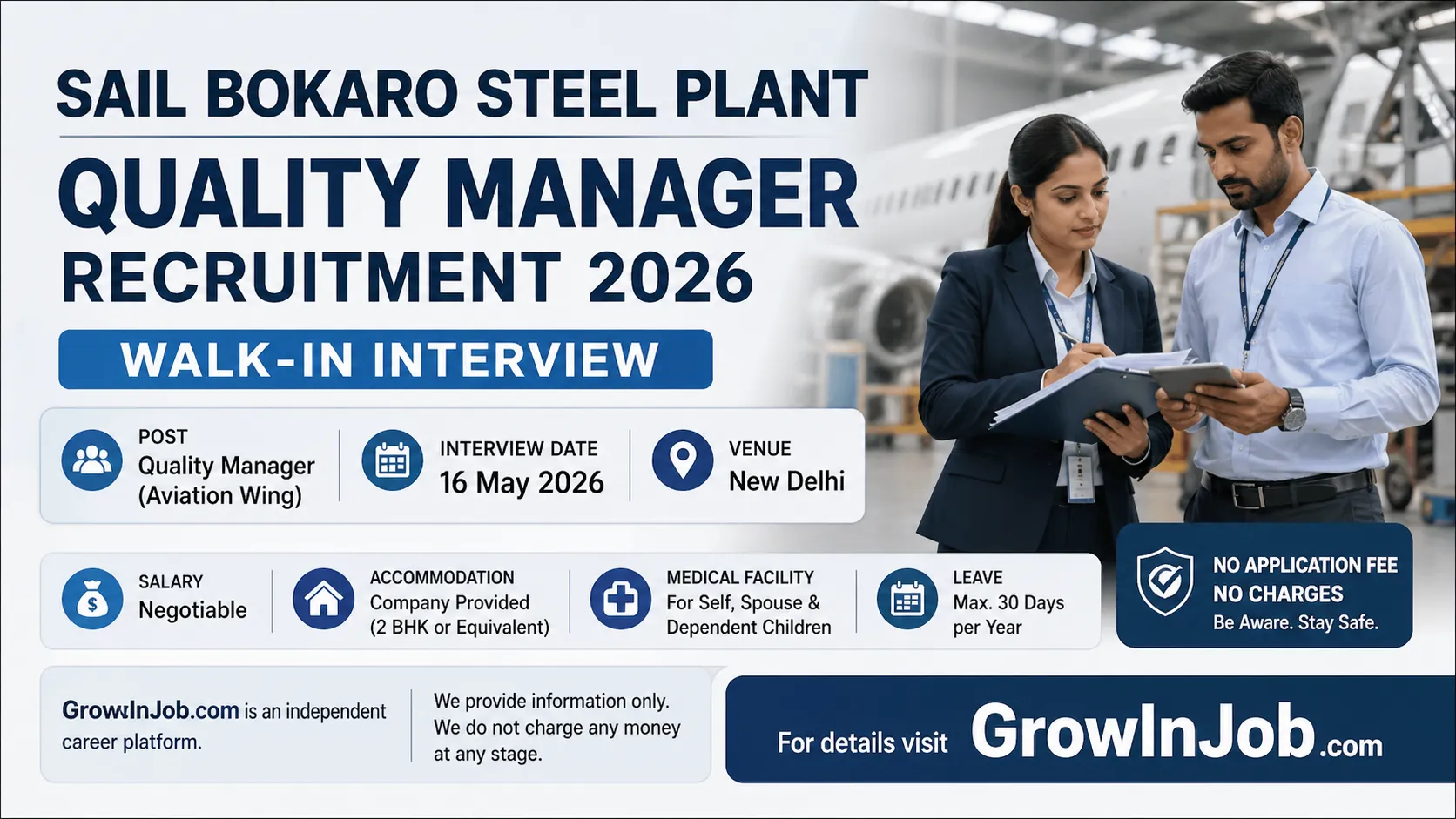 SAIL Bokaro Steel Plant Quality Manager Recruitment 2026 featured image showing Indian aviation professionals in an aircraft maintenance environment with walk-in interview details.