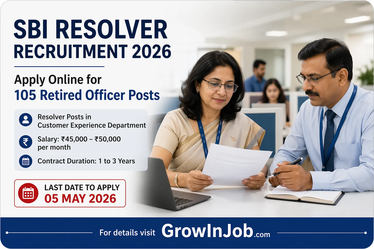 SBI Resolver Recruitment 2026 featured image showing Indian professionals reviewing documents with job details for 105 retired officer vacancies apply before 05 May 2026