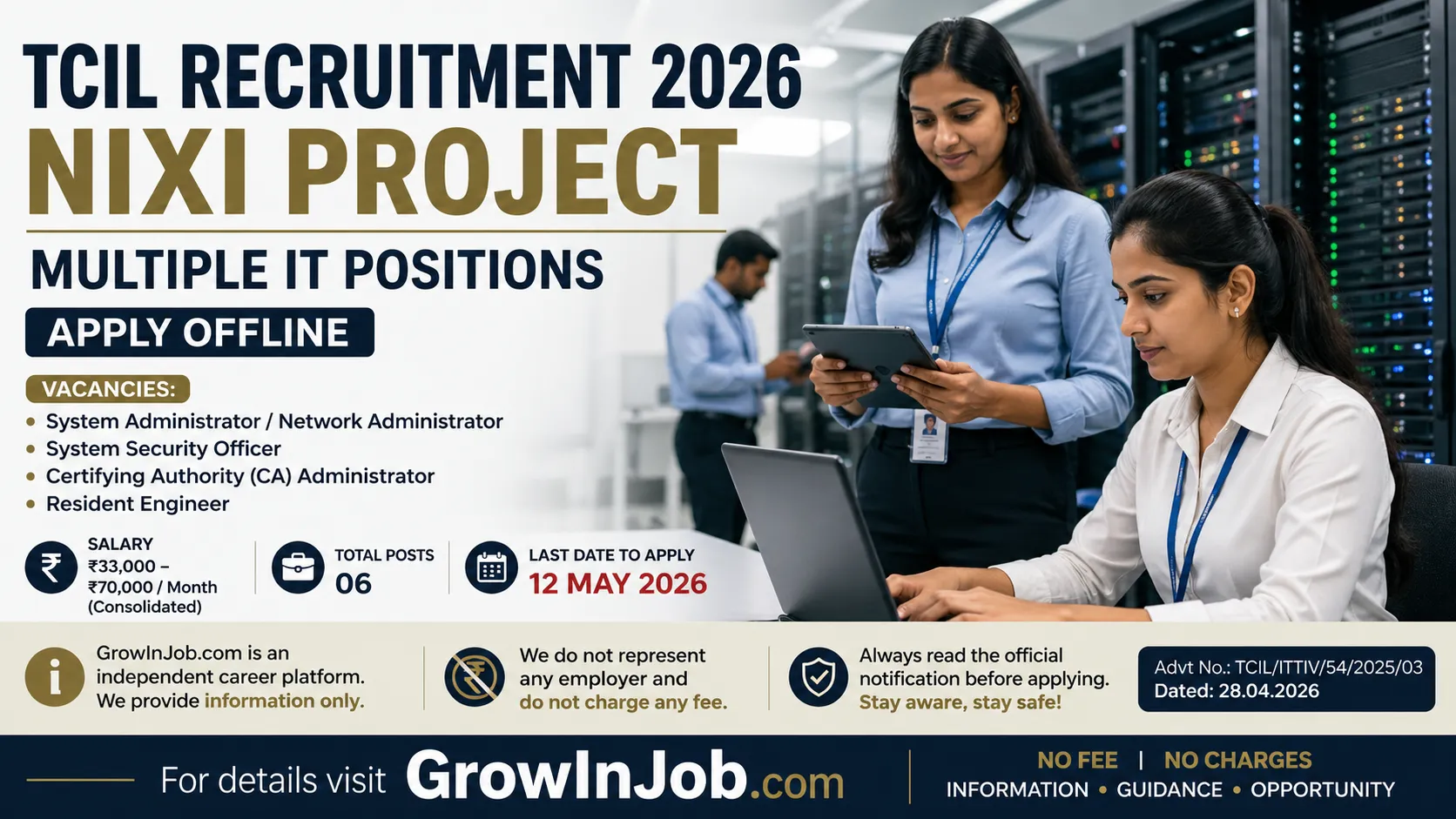 TCIL Recruitment 2026 NIXI Project IT jobs with Indian professionals working in server room environment