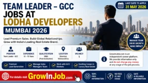 Team Leader GCC Jobs at Lodha Developers Mumbai 2026 featured image showing senior sales leadership opportunity with last date 31 May 2026.