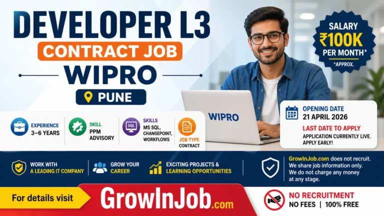 Wipro Developer L3 Contract Job in Pune with ₹100K salary per month apply online
