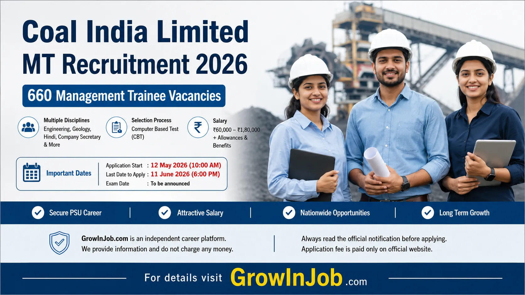 Coal India Limited MT Recruitment 2026 featured image showing Indian engineering professionals with 660 management trainee vacancies details