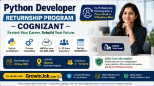 Cognizant Python Developer Returnship Program 2026 featured image showing Chennai hybrid job opportunity for professionals returning after a career break with Python, AWS, and automation skills.