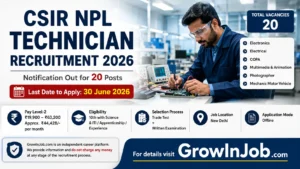 CSIR NPL Technician Recruitment 2026 notification for 20 Technician posts in Electronics, Electrical, COPA, Multimedia, Photography and Motor Vehicle trades with last date 30 June 2026
