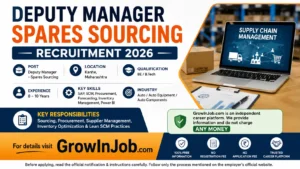 Deputy Manager Spares Sourcing Recruitment 2026 at Mahindra Kanhe featuring supply chain and procurement hiring information with GrowInJob.com branding