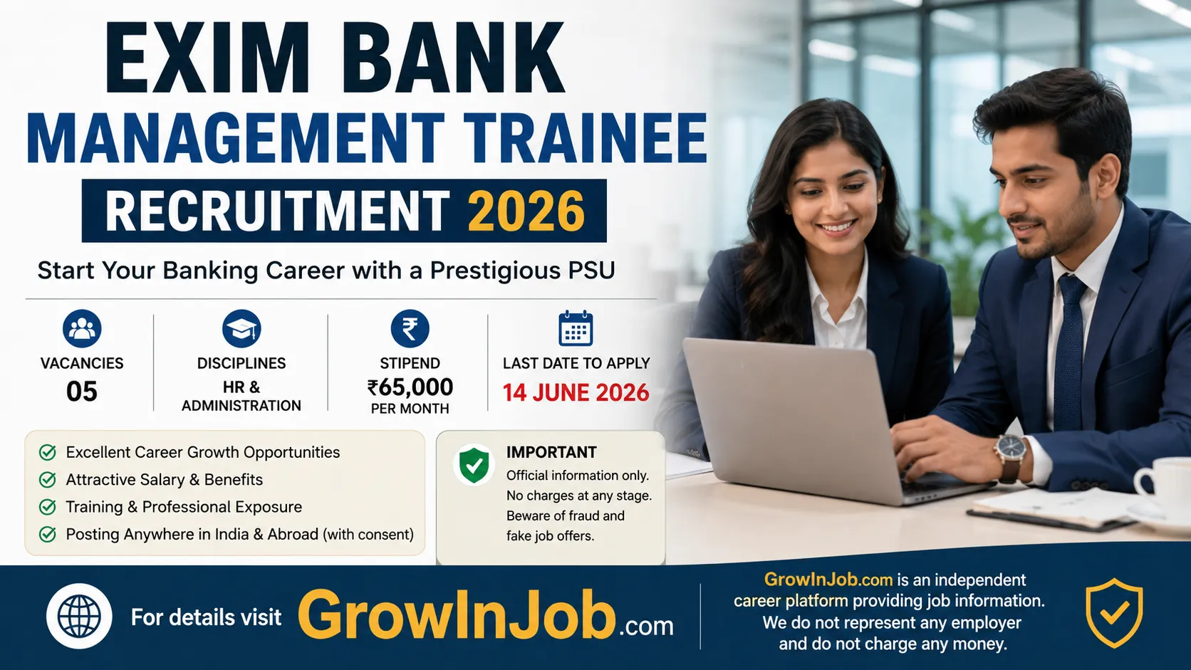 Exim Bank Management Trainee Recruitment 2026 featured image showing banking professionals with vacancy, stipend, and last date details