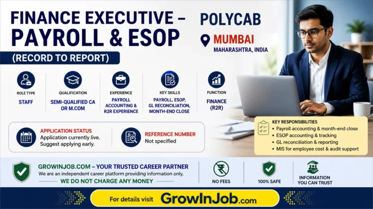 Finance Executive Payroll & ESOP job in Mumbai at Polycab – payroll accounting, ESOP, R2R role | GrowInJob.com