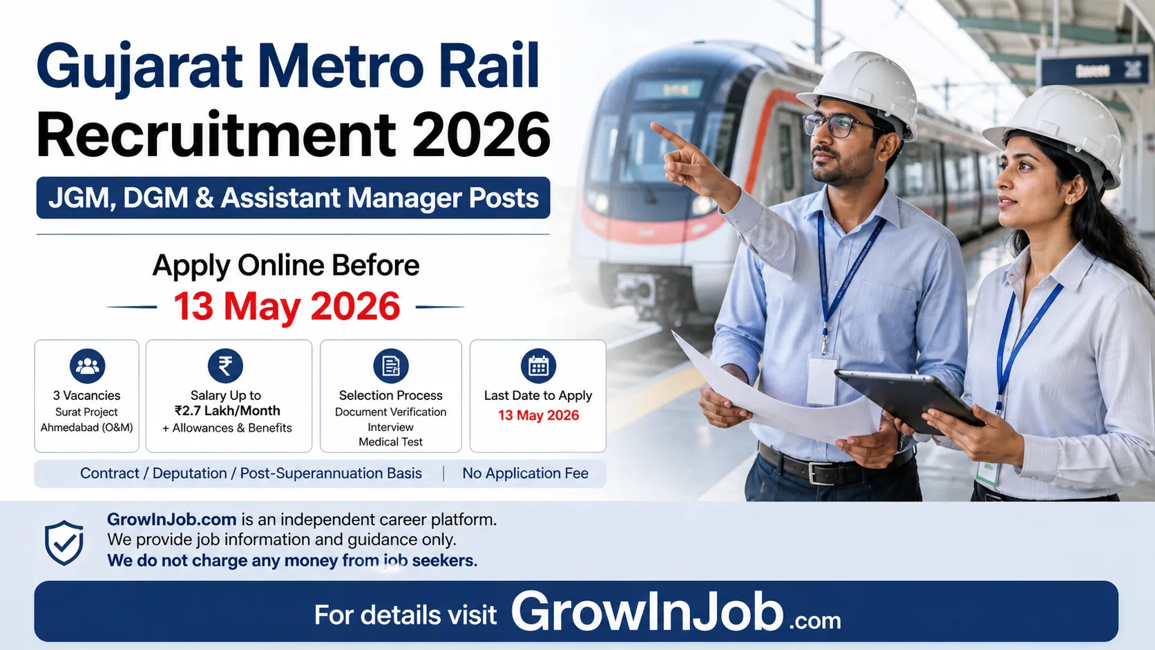 Gujarat Metro Rail Recruitment 2026 GMRC jobs for JGM DGM Assistant Manager posts apply before 13 May 2026