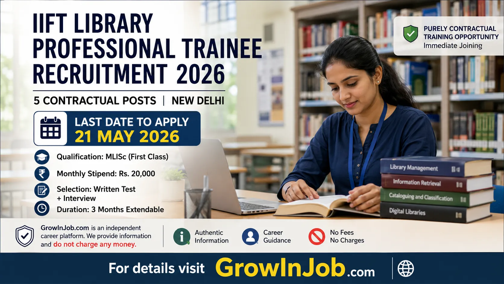 IIFT Library Professional Trainee Recruitment 2026 featured image showing library trainee working in academic library environment