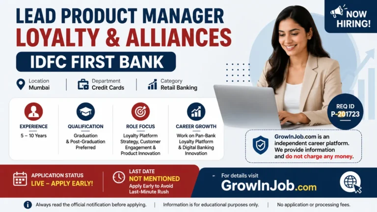 Lead Product Manager-Loyalty & Alliances job at IDFC FIRST Bank Mumbai with eligibility, experience, and application details by GrowInJob.com