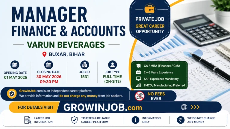 Manager Finance & Accounts job in Buxar at Varun Beverages with eligibility, dates and no fee application via GrowInJob.com