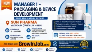Manager Packaging & Device Development Job at Sun Pharma Vadodara – Apply Now | GrowInJob.com