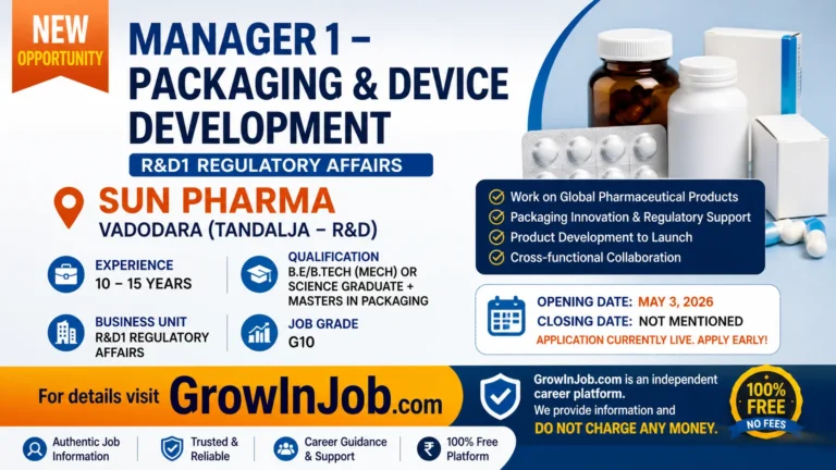 Manager Packaging & Device Development Job at Sun Pharma Vadodara – Apply Now | GrowInJob.com