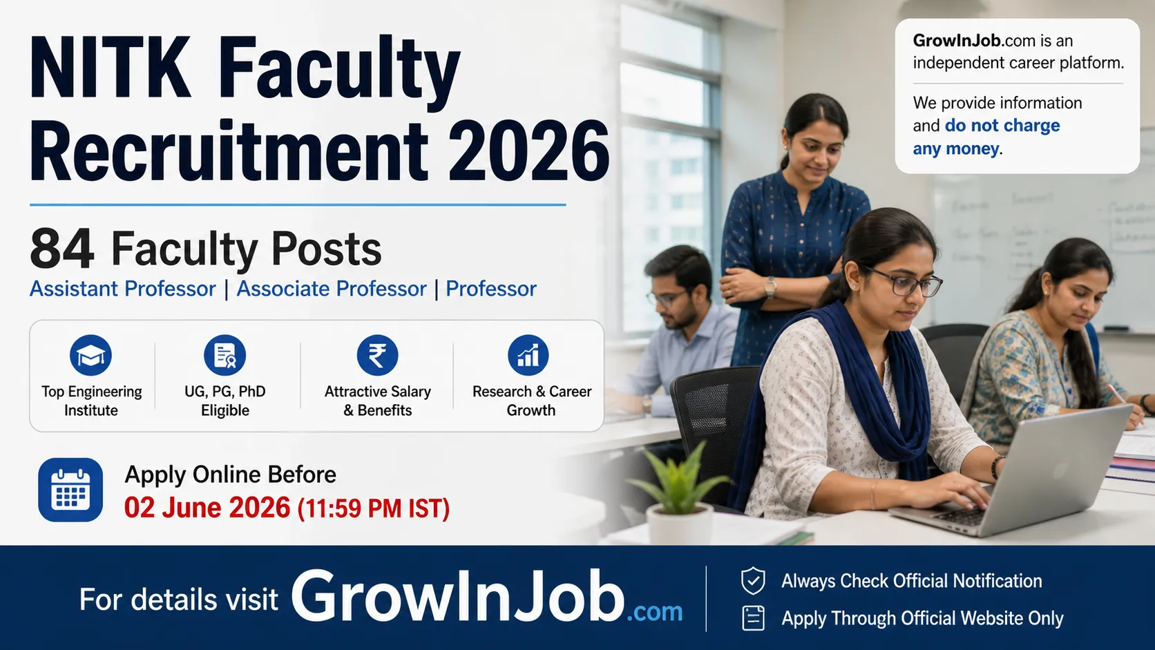 NITK Faculty Recruitment 2026 notification for 84 faculty posts including Assistant Professor, Associate Professor and Professor positions with application deadline 2 June 2026