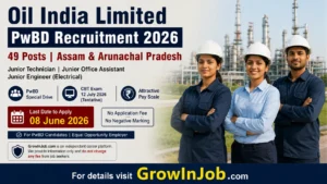Oil India Limited PwBD Recruitment 2026 featured image showing Indian professionals at industrial oil facility for 49 vacancies in Assam and Arunachal Pradesh