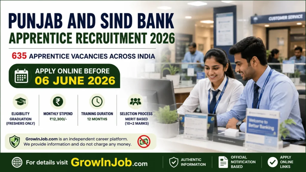 Punjab and Sind Bank Apprentice Recruitment 2026 featured image showing 635 apprentice vacancies, application deadline and banking apprenticeship details