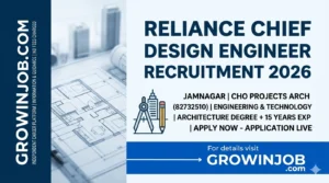 A featured job post graphic for Reliance Industries Chief Design Engineer Recruitment 2026 in Jamnagar, Gujarat.