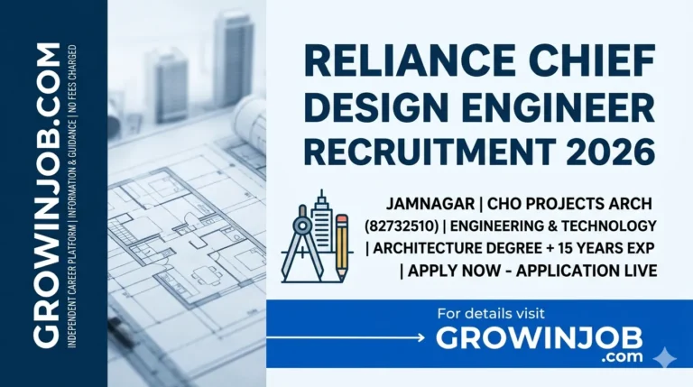 A featured job post graphic for Reliance Industries Chief Design Engineer Recruitment 2026 in Jamnagar, Gujarat.