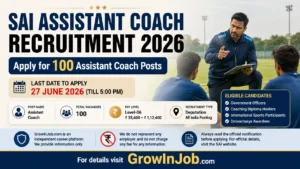 SAI Assistant Coach Recruitment 2026 featured image showing sports coach training athletes with 100 vacancies and last date 27 June 2026