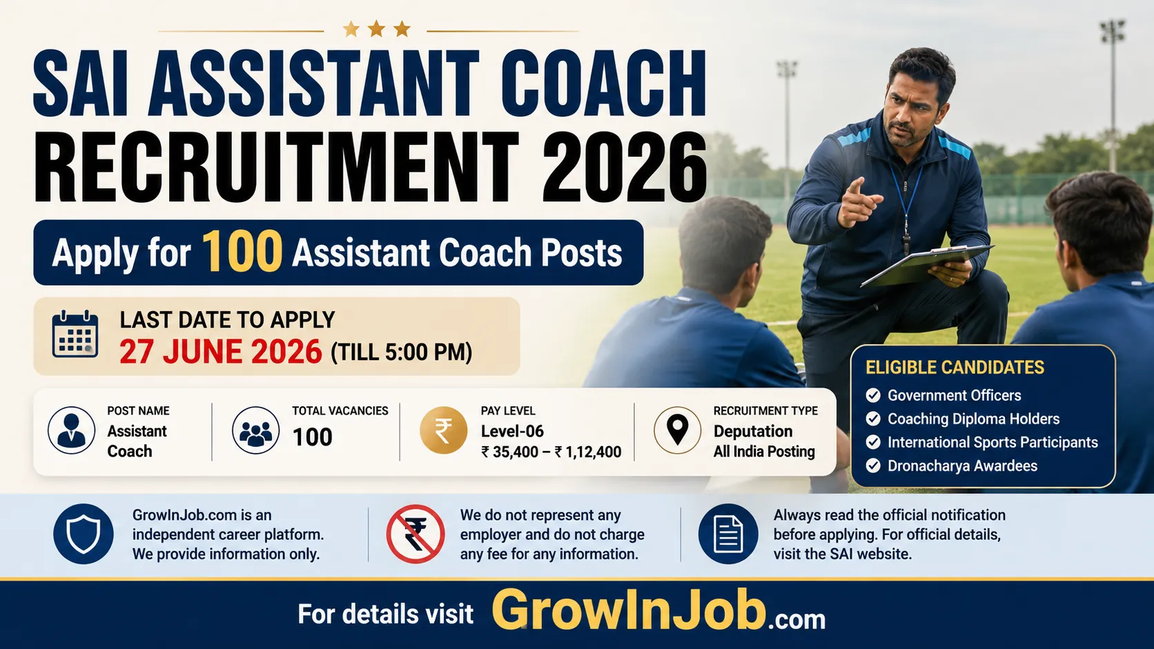 SAI Assistant Coach Recruitment 2026 featured image showing sports coach training athletes with 100 vacancies and last date 27 June 2026