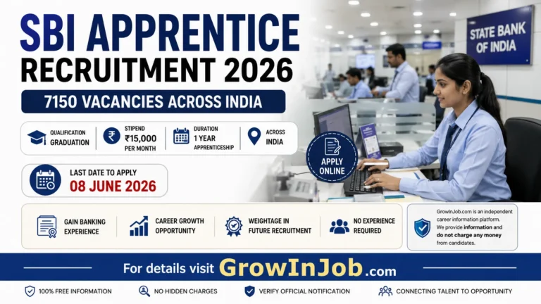 SBI Apprentice Recruitment 2026 featured image showing 7150 vacancies across India with banking office environment and application deadline 08 June 2026