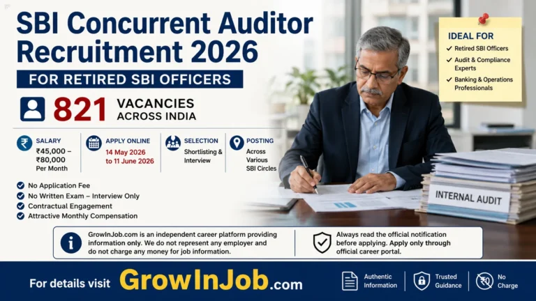 SBI Concurrent Auditor Recruitment 2026 featured image showing retired banking professional with 821 vacancies and application deadline details
