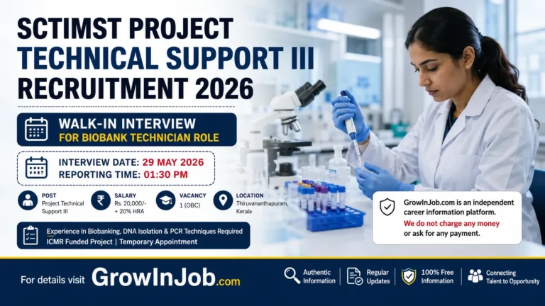 SCTIMST Project Technical Support III Recruitment 2026 walk-in interview featured image for biotechnology and biobank technician candidates