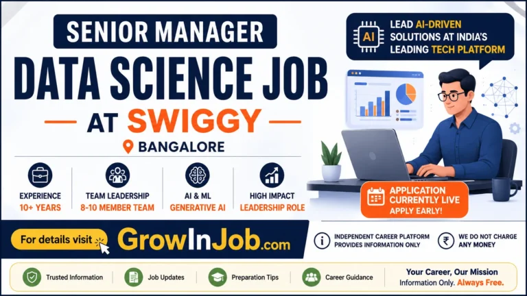 Senior Manager Data Science Job at Swiggy Bangalore featured image showing AI leadership, machine learning, Generative AI, and data science career opportunity