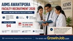 AIIMS Awantipora Faculty Recruitment 2026 featured image showing doctors reviewing documents with details of 94 faculty vacancies and application deadline 18 June 2026.