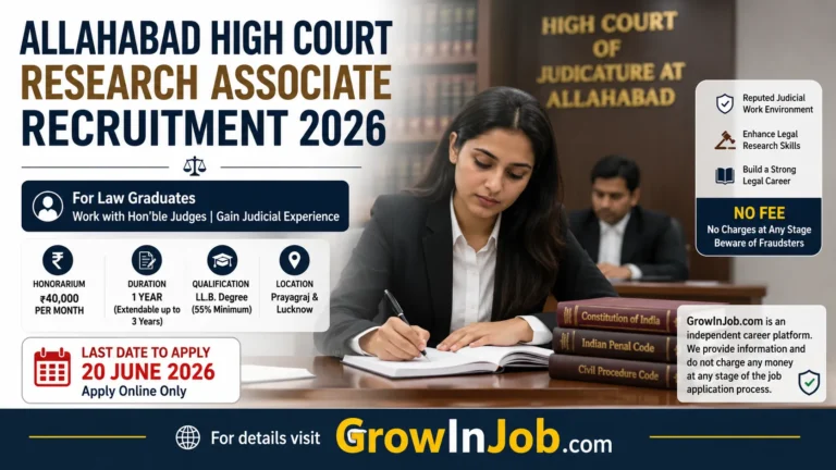 Allahabad High Court Research Associate Recruitment 2026 featured image showing a law graduate working on legal research with ₹40,000 monthly honorarium and application deadline of 20 June 2026.