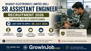 BEL Sr Assistant Engineer Recruitment 2026 featured image showing 17 Ex-Servicemen vacancies in Electronics, Mechanical and Electrical disciplines with application deadline of 08 July 2026.
